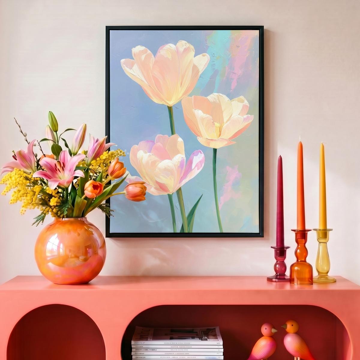 LEINWAND Bilder mit Rahmen - Tulpen - Rosa Akzente - Blau - 30x40 - Pastellblau, Textil (30/40cm) - MuchoWow