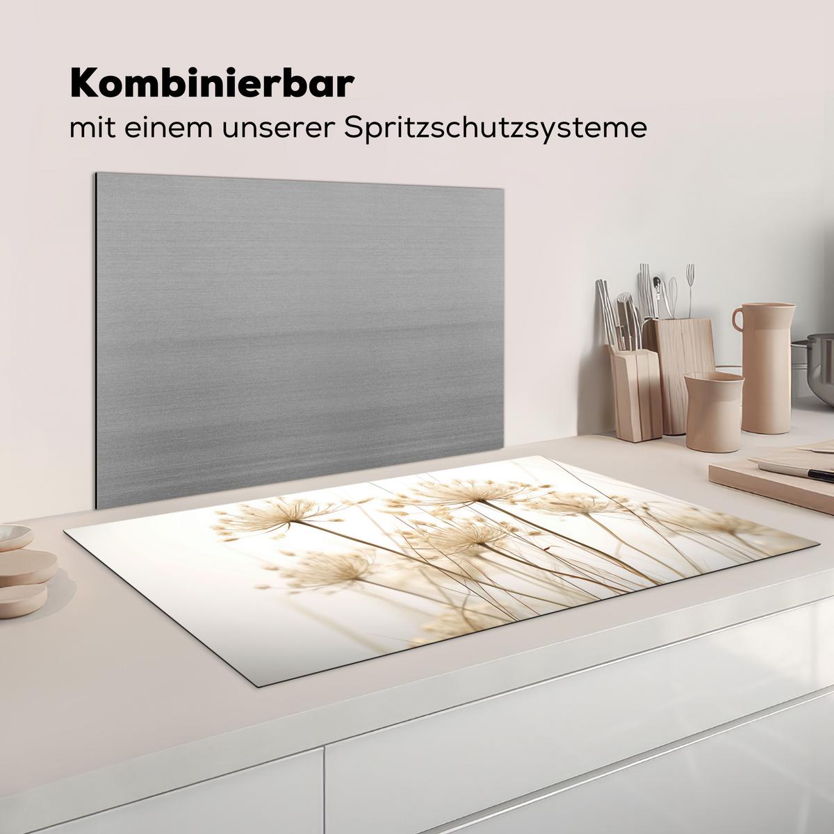 HERDABDECKPLATTE Blumen - Weiß - Sonnenlicht Induktionsschutz 89.6x51.6 cm - Ecru, Kunststoff (89.6/51.6/0.2cm) - MuchoWow