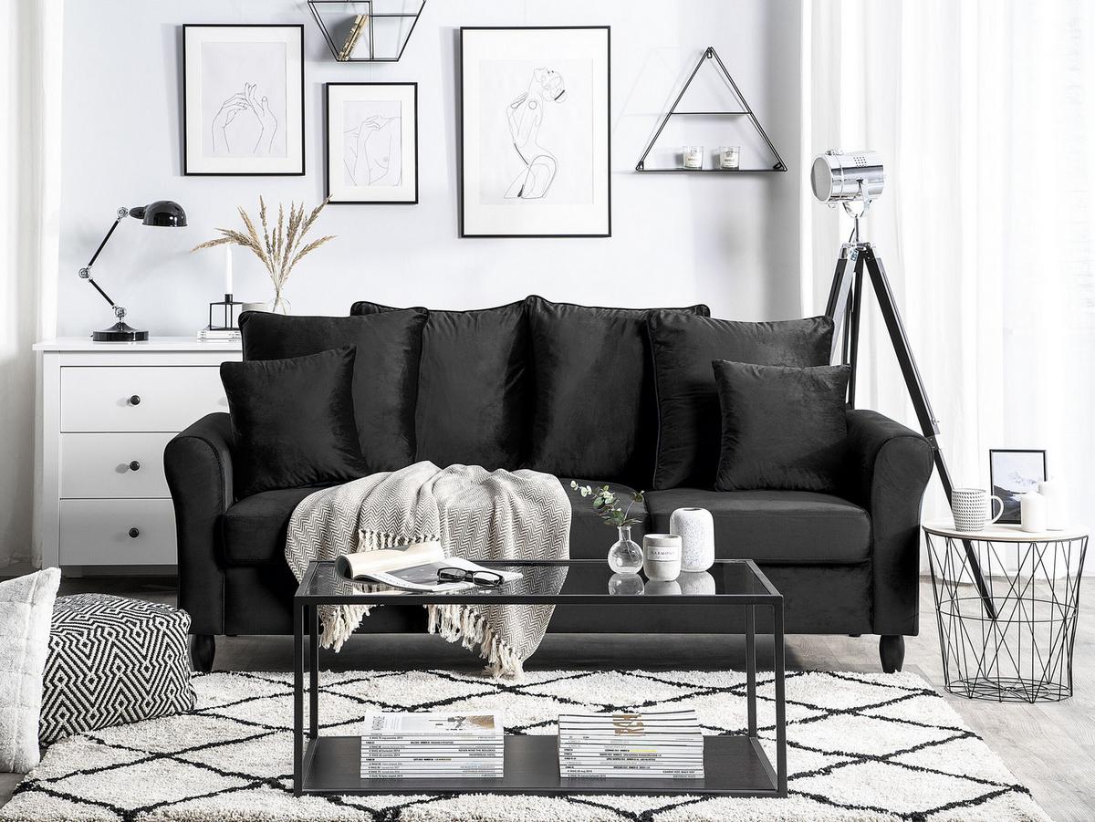 3-SITZER-SOFA Samtstoff Schwarz Bornholm - Schwarz, Textil (197/76/79cm) - Beliani