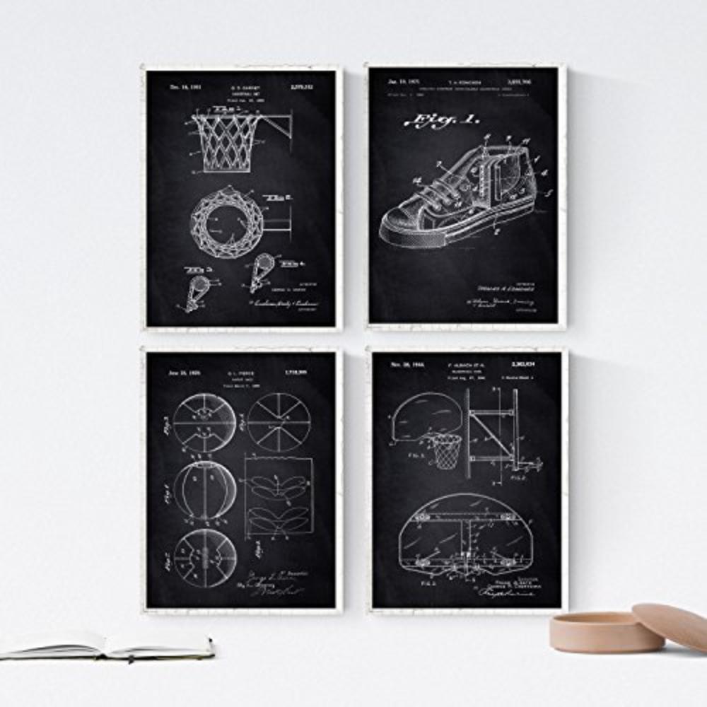 POSTER Set mit 4 Schwarz Patenten Basketball A4 Schwarzer Rahmen - Schwarz, Papier (29.7/3cm) - Nacnic