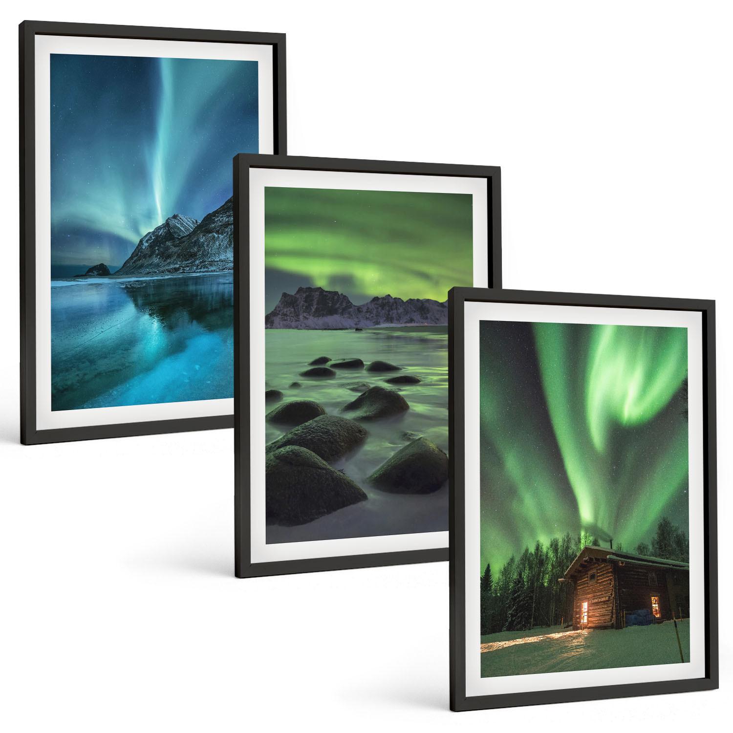 BILDER SET 3er Set - 40x60 cm Schwarzer Rahmen - Winterlandschaften, Nordlichter, Berge - Schwarz, Kunststoff (40/60cm) - TULUP