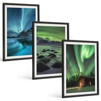 BILDER SET 3er Set - 40x60 cm Schwarzer Rahmen - Winterlandschaften, Nordlichter, Berge - Schwarz, Kunststoff (40/60cm) - TULUP