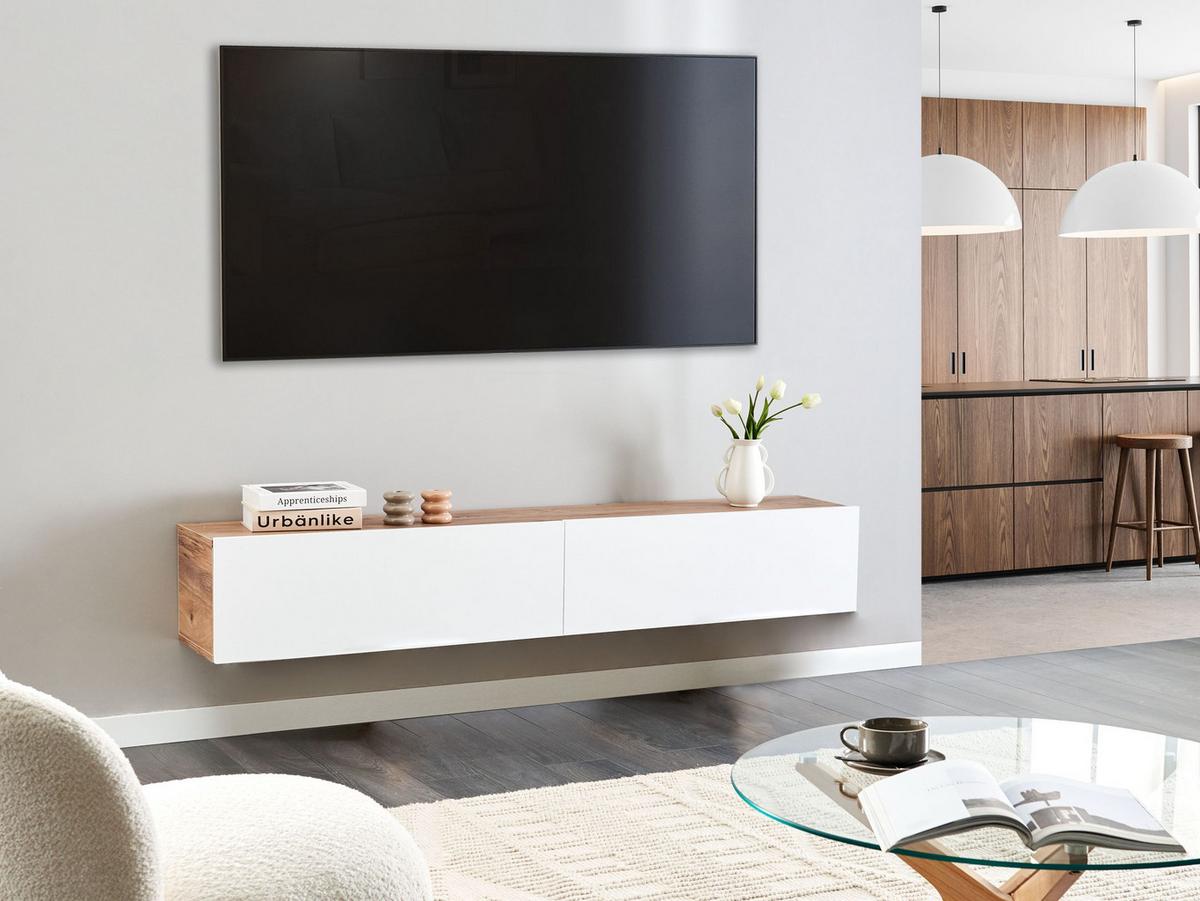 WANDMONTIERTER-TV-SCHRANK Weiß/Braun Gladstone - Weiß/Braun, Holzwerkstoff (180/30/32cm) - Beliani