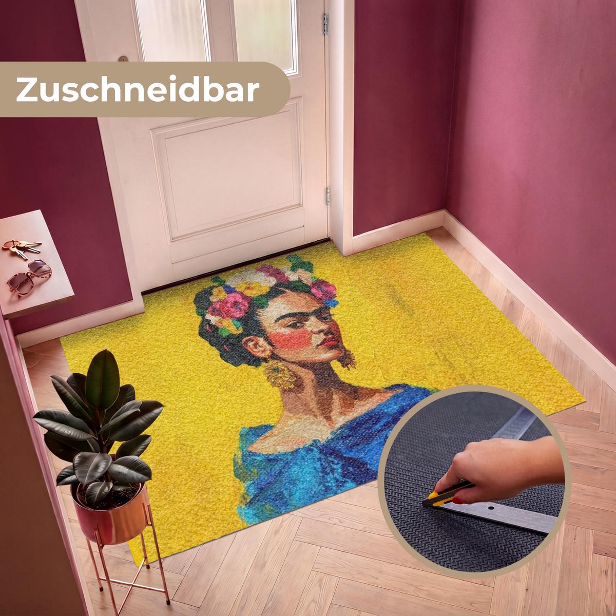 FUSSMATTE Frida Kahlo - Frau - Gelb - Blau - Blumen Schmutzfangmatte 180x120 cm - Gelb, Kunststoff (180/0.4cm) - MuchoWow