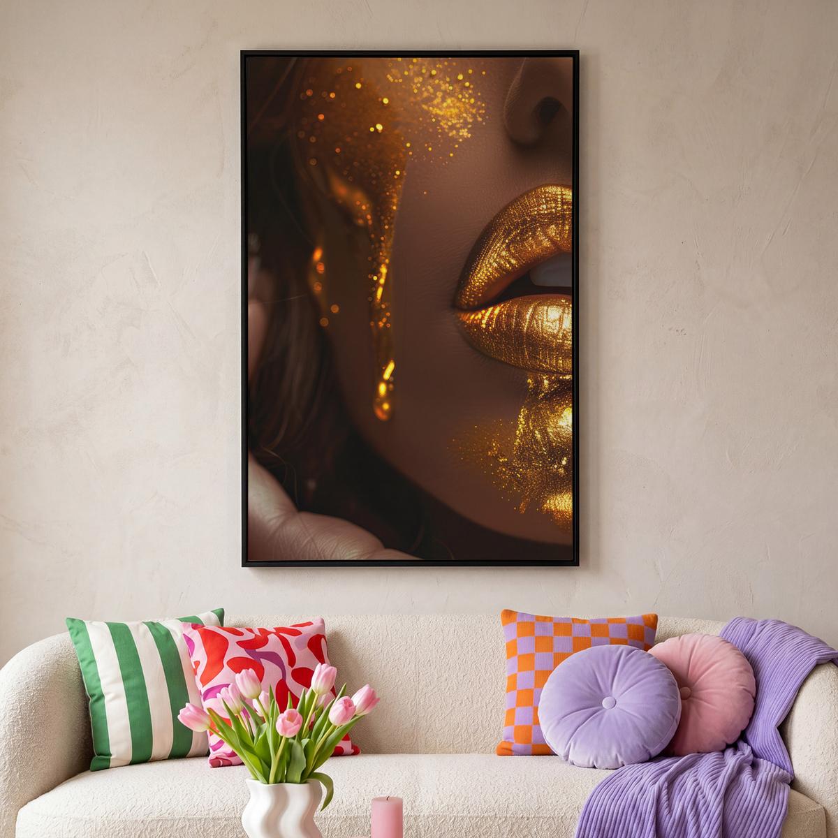 LEINWAND Bilder mit Rahmen - Frau - Gold - Luxus - Porträt - 80x120 - Goldfarben, Textil (80/120cm) - MuchoWow