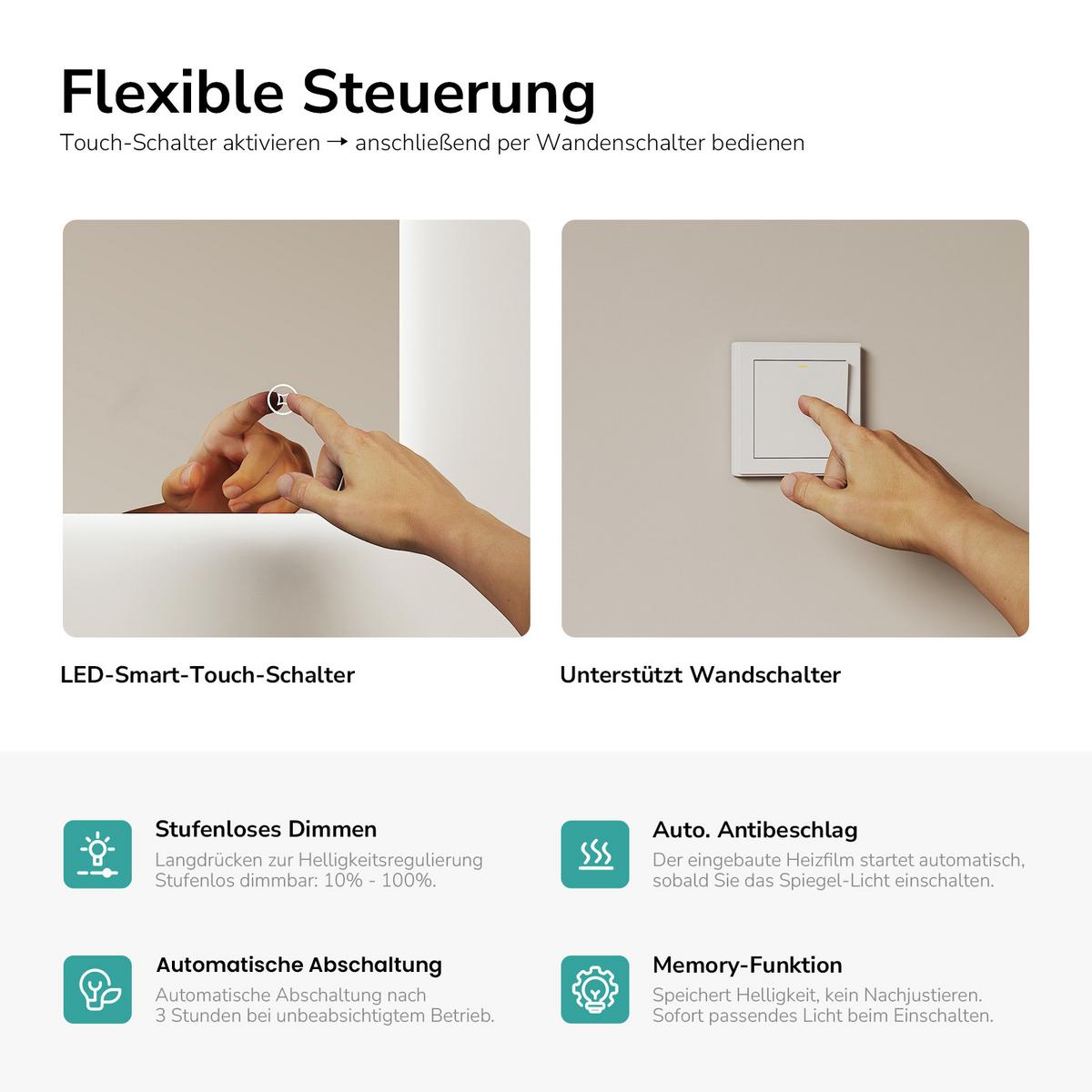 BADSPIEGEL LED abgerundet Kaltweiß Antibeschlag Touch-Schalter 70/50 cm - Transparent, Glas (70/50/3cm) - EMKE