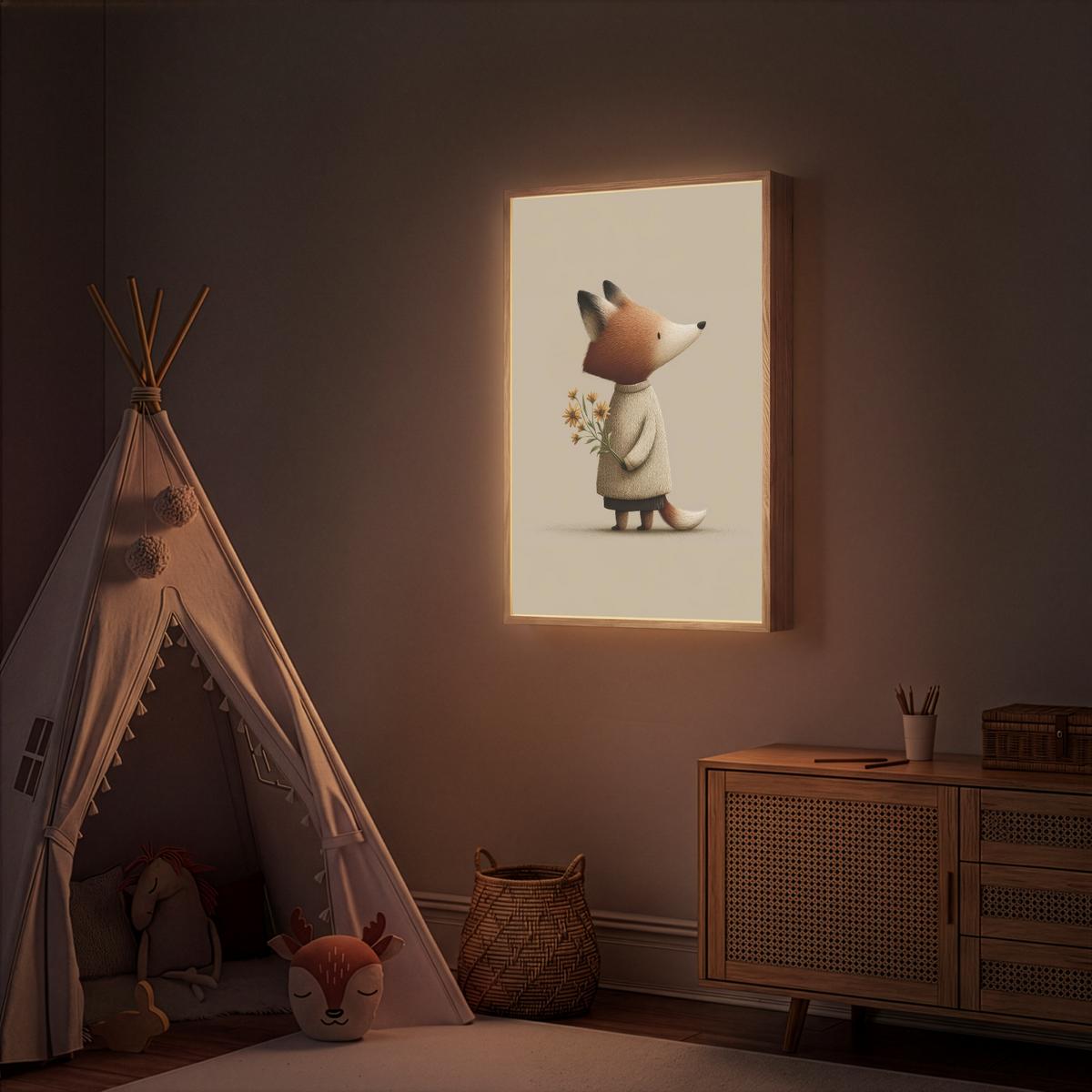 WANDLEUCHTE MIT AKKU Fuchs - Gelbe Blumen - Minimalistisch 60x90 cm - Taupe, Holzwerkstoff (60/90/8cm) - OnlyWow