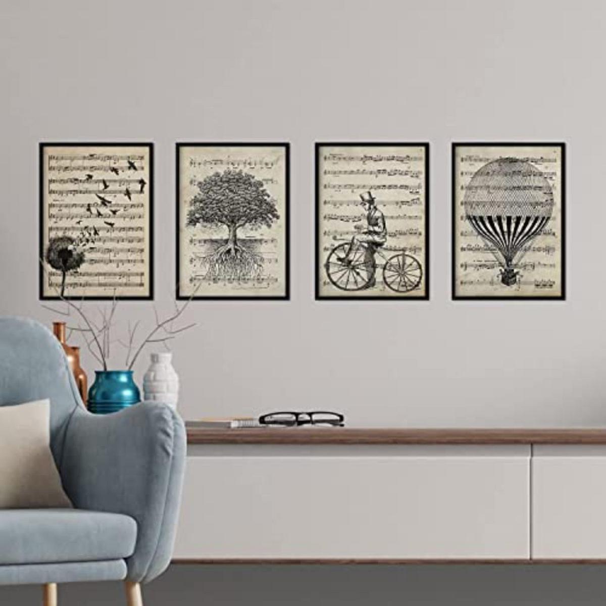 POSTER Set mit 4 Notenblatt A4 Schwarzer Rahmen - Schwarz, Papier (29.7/3cm) - Nacnic