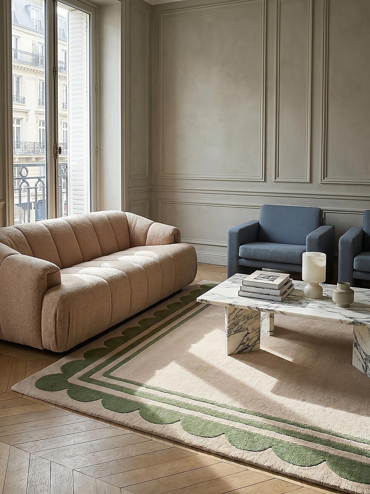WOLLTEPPICH WENSUM, mit grafischem Muster mit Rahmen, Grün-Beige, 120 x 170 cm - Grün, Textil (170/120cm) - KADIMA DESIGN