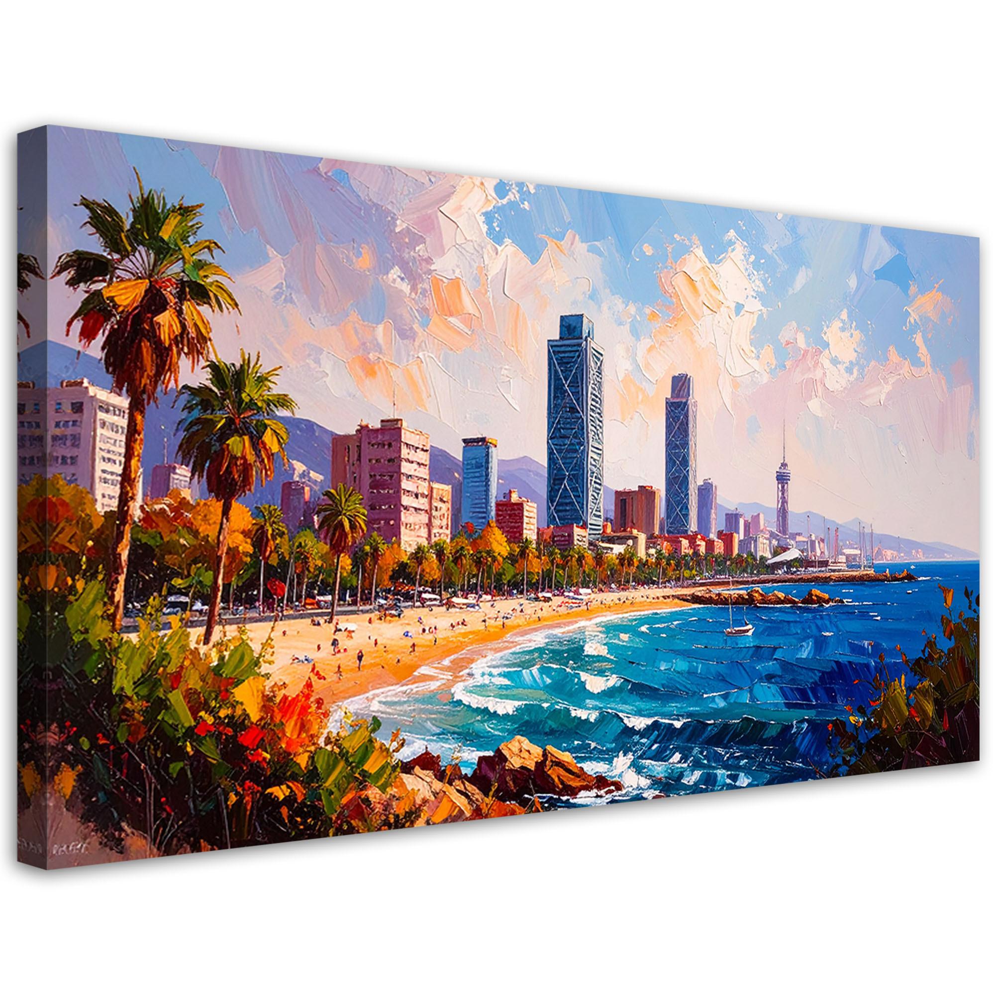 LEINWANDBILD Strand Barcelona Spanien 100x50cm - Multicolor, Textil (100/50cm) - Feeby