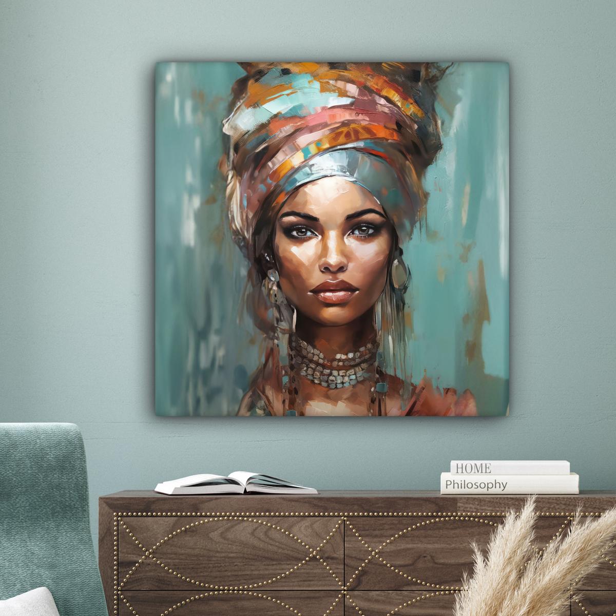LEINWANDBILD Frau - Kunst - Schmuck - Porträt Deko Groß 90x90 cm - Blaugrau, Textil (90/90cm) - MuchoWow