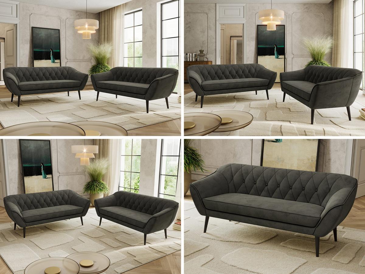 SITZGARNITUR PIRS 3+3 - Dunkelgrau Velvet - Schwarze Beine - Dunkelgrau/Schwarz, Holzwerkstoff/Textil (180/75/74cm) - MKS