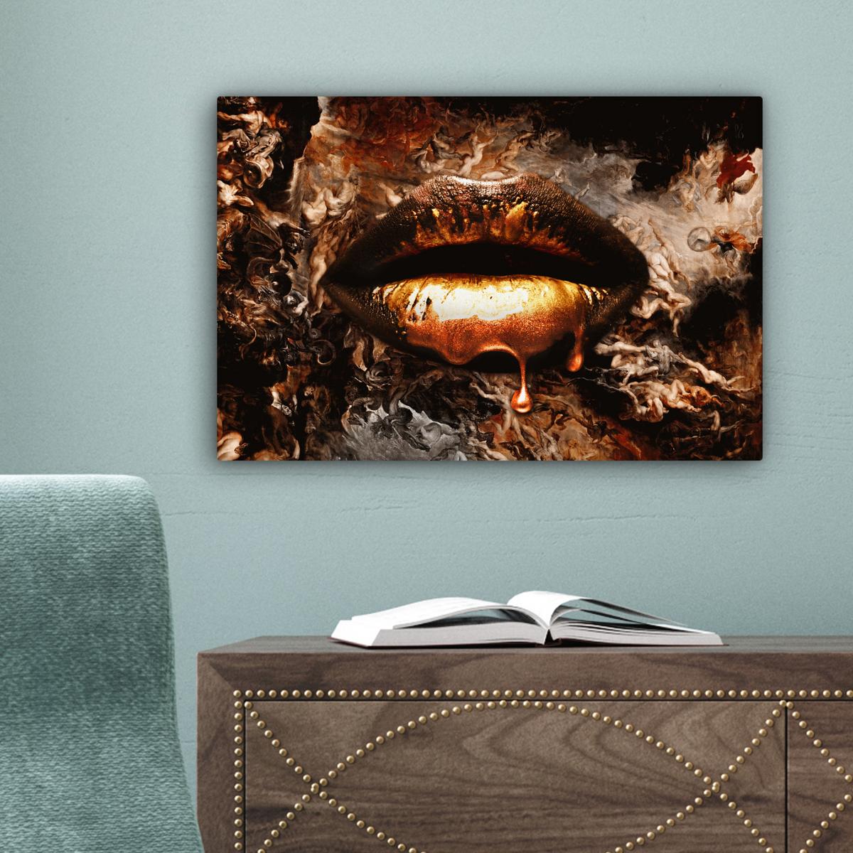 LEINWANDBILD Gold - Lippen - Kunst - Gold - Luxus - Abstrakt Deko Schlafzimmer 30x20 cm - Kupferfarben, Textil (30/20cm) - MuchoWow