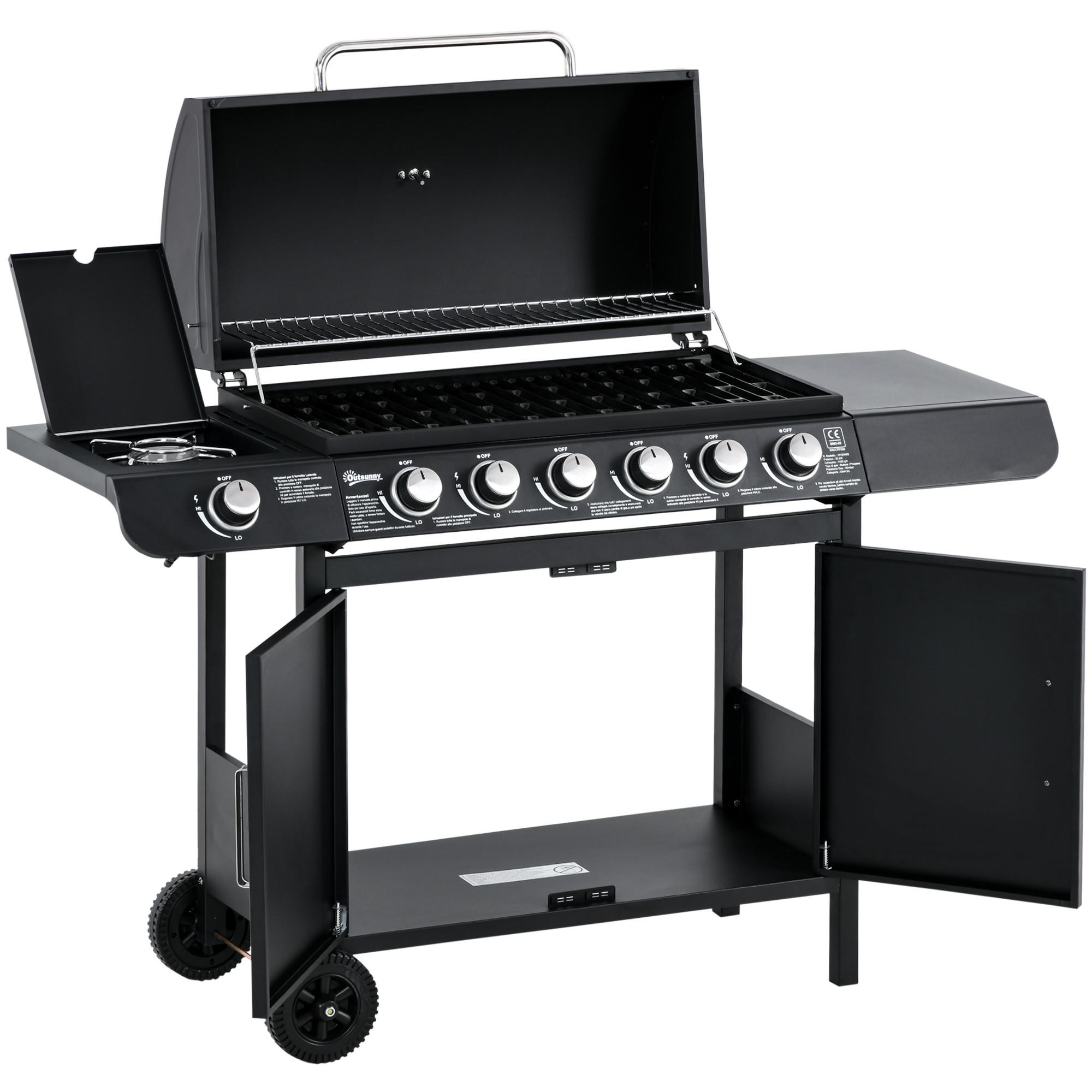 GASGRILL mit 6 Brennern 1 Seitenbrenner Schrank Multifunktion Metall Schwarz 135 x 50 x 100 cm - Schwarz, Metall (50/100/135cm) - Outsunny