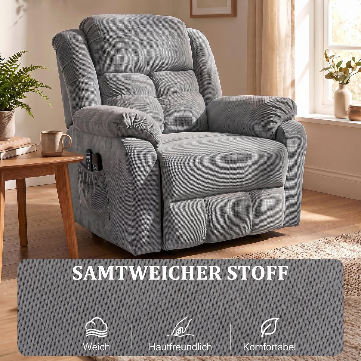 FERNSEHSESSEL-MIT-AUFSTEHHILFE Polyester Stahl Hellgrau - Hellgrau/Schwarz, Textil/Metall (92/104/102cm) - HOMCOM
