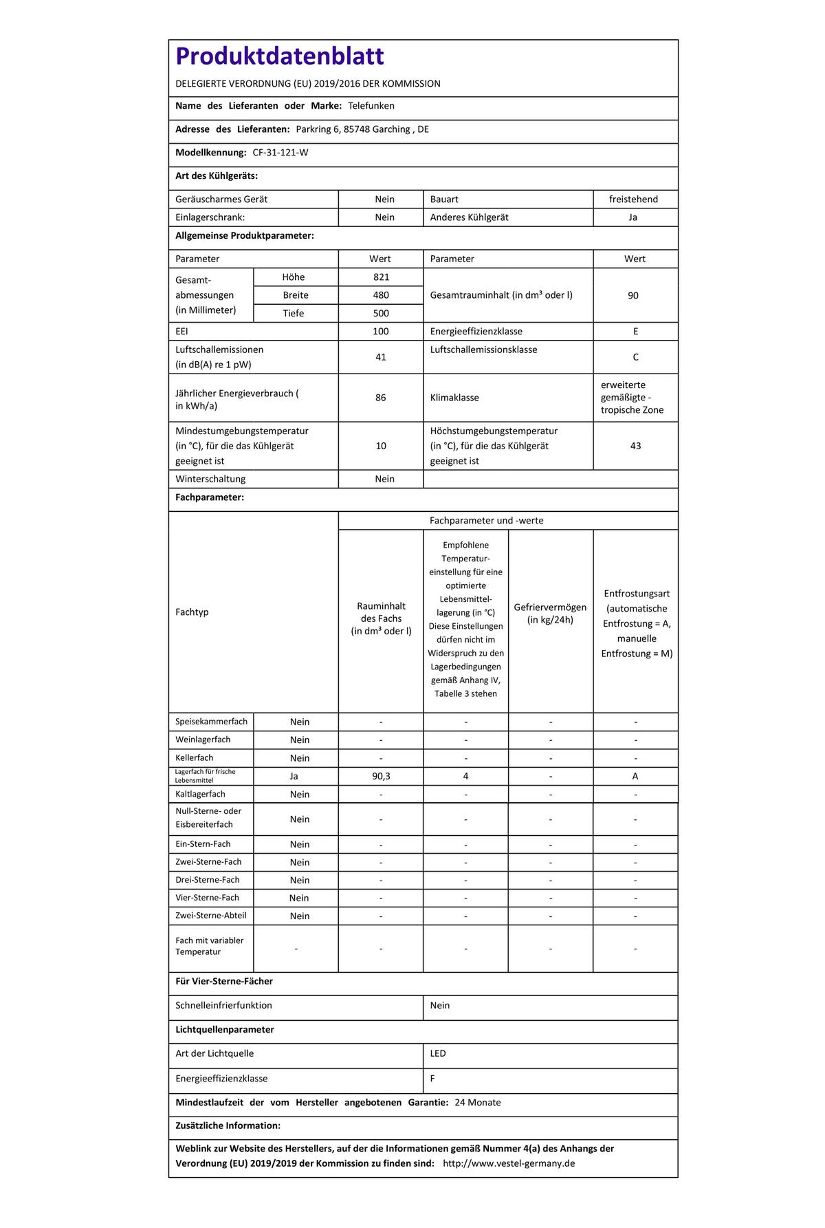KÜHLSCHRANK, ohne Gefrierfach, freistehend, klein, 90 Liter Nutzinhalt, mit Gemüsefach & 3 Ablagen, Temperaturregelung, CF-31-121-W - Weiß, Kunststoff/Metall (48/82.1/50cm) - Telefunken