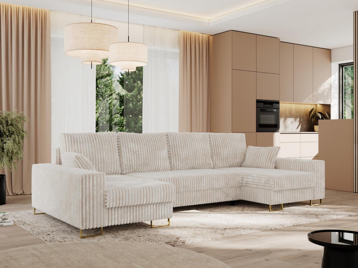 WOHNLANDSCHAFT DORIAN U Cord Beige - Beige/Goldfarben, Textil/Metall (312/85/138cm) - MKS
