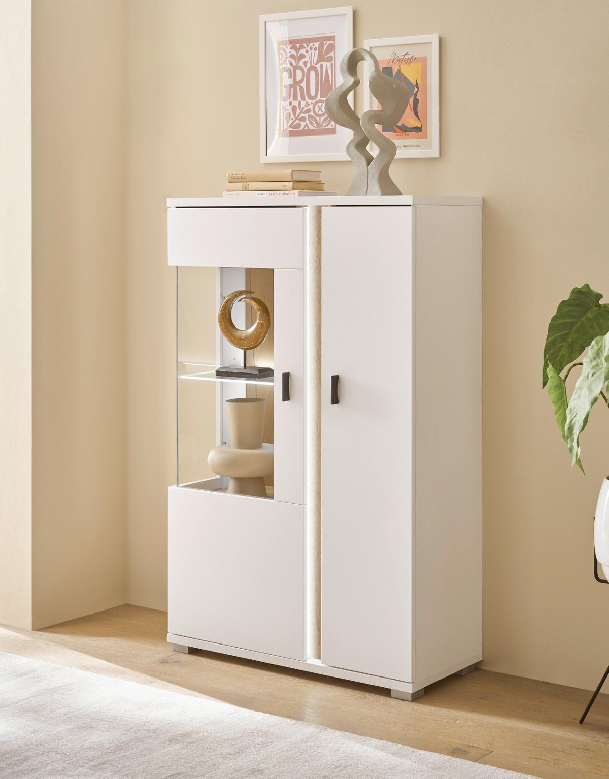 VITRINE weiß matt, Eiche Wotan 80 x 125 cm, Highboard inklusive Frontbeleuchtung - Eiche Wotan/Silberfarben, Glas/Holzwerkstoff (80/125/35cm) - Furn.Design