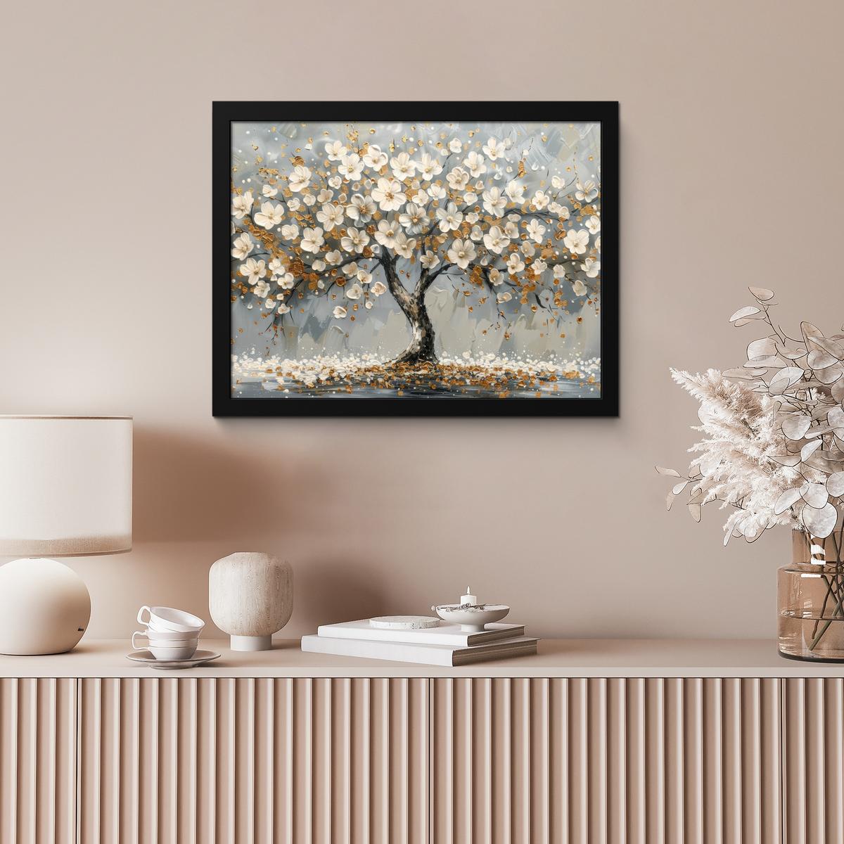 POSTER MIT RAHMENGERAHMTES BILD Baum - Blumen - Weiß - Natur - Kunst 40x30 cm - Weiß, Papier (40/30cm) - MuchoWow
