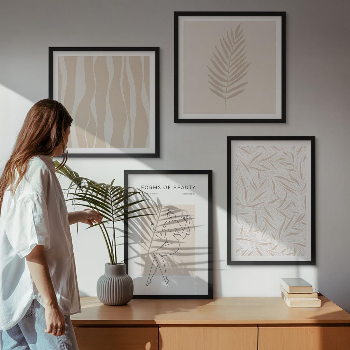 BILDER SET 4er Set - 50x50 cm & 40x60 cm Schwarzer Rahmen - Minimalistische Pflanzenmotive - Schwarz, Kunststoff (50/50cm) - TULUP