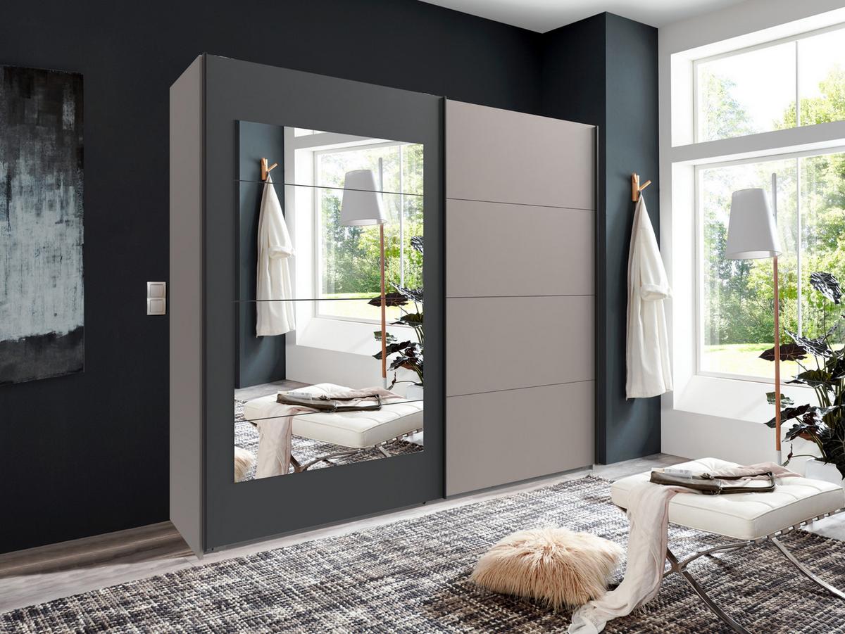 SCHWEBETÜRENSCHRANK 2-türig B225/H208/T65 cm, Kleiderschrank in Sandgrau mit Rahmenspiegel auf Tür in Anthrazit / 22009 - Sandfarben/Anthrazit, Holzwerkstoff/Metall (225/208/65cm) - luma-home