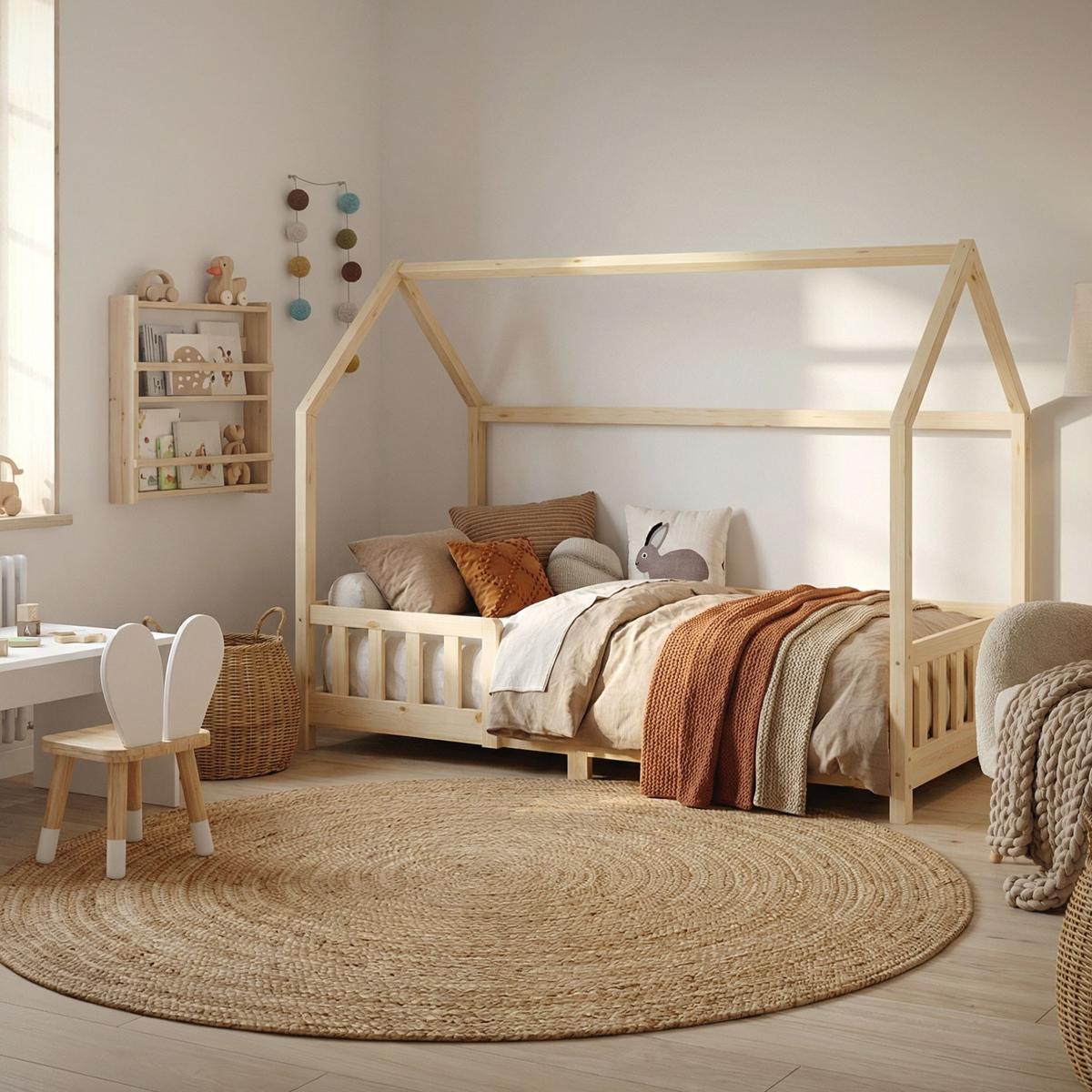 KINDERBETT 90x200 cm mit Matratze & Rausfallschutz Natur aus Kiefernholz - Naturfarben, Holz (90/200cm) - ML-DESIGN