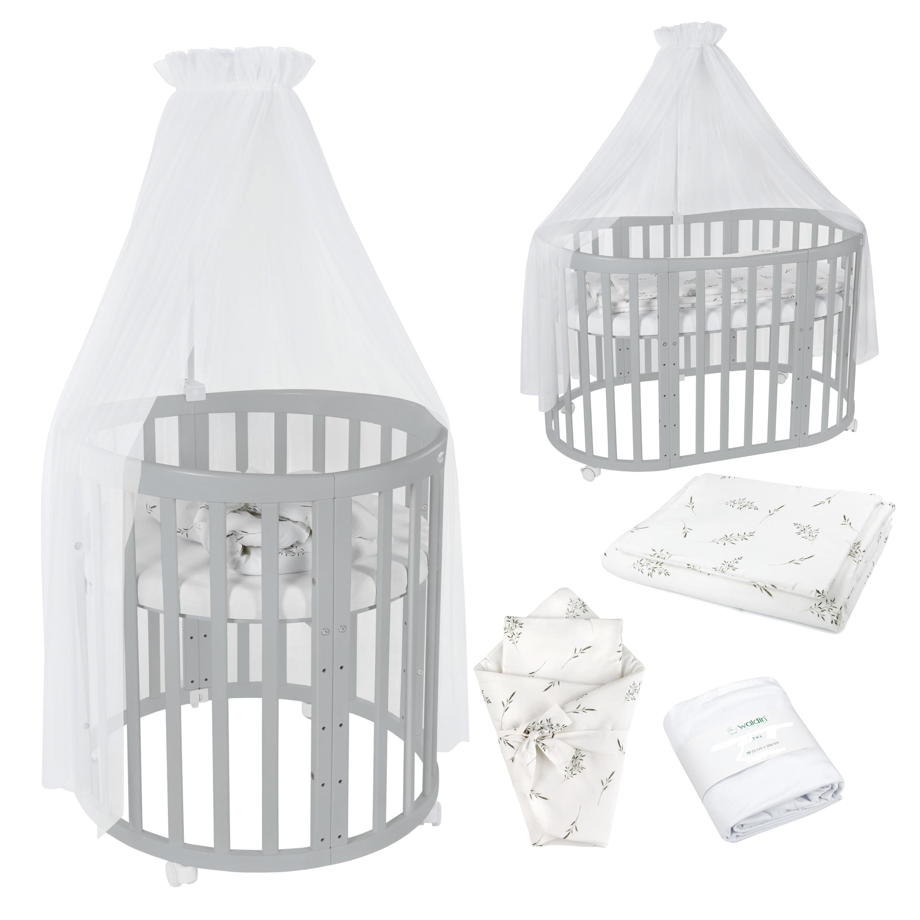 BABYBETT GREY OVAL 7in1 mit Matratze und Himmelset - Weiß/Grau, Holz/Textil (73/125cm) - waldin