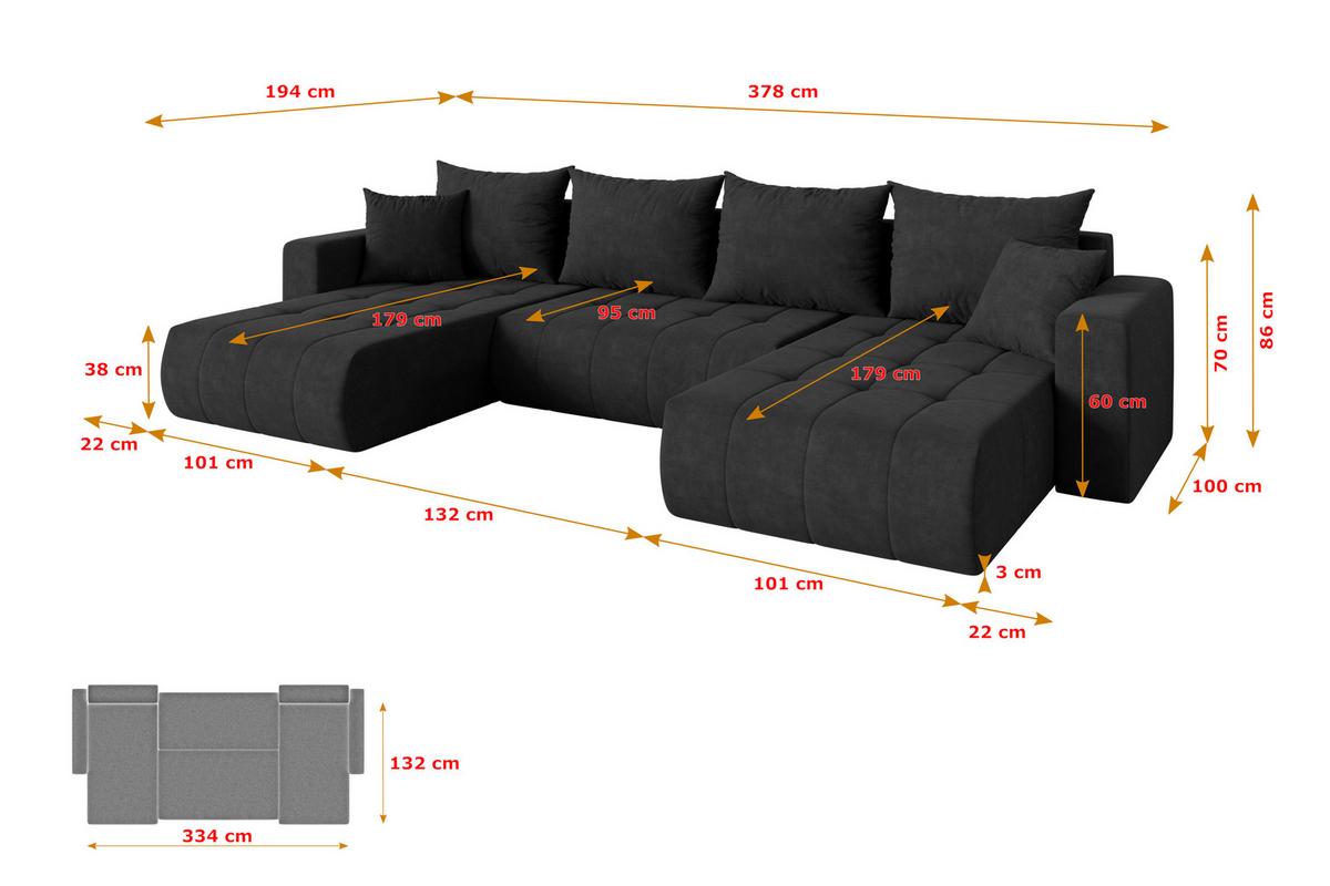 WOHNLANDSCHAFT mit Schlaffunktion und Bettkasten MILA-U 378x194x86 Schwarz Velours - Schwarz, Holzwerkstoff/Kunststoff (378/86/194cm) - ALTDECOR