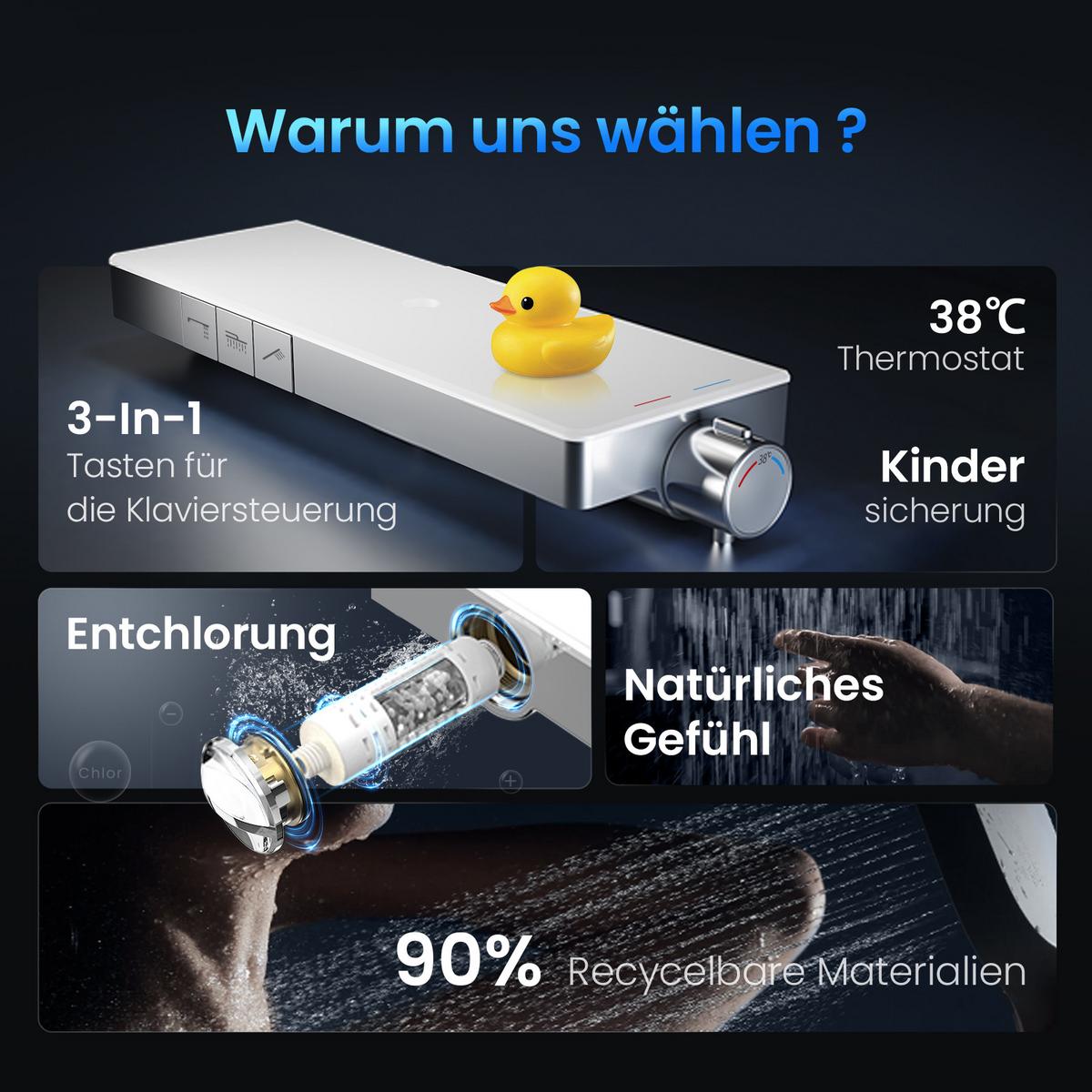 ÜBERKOPFBRAUSESET mit Thermostat Drei Wasserauslassmethoden Chrom - Chromfarben, Metall (44.6/106.8/52cm) - EMKE