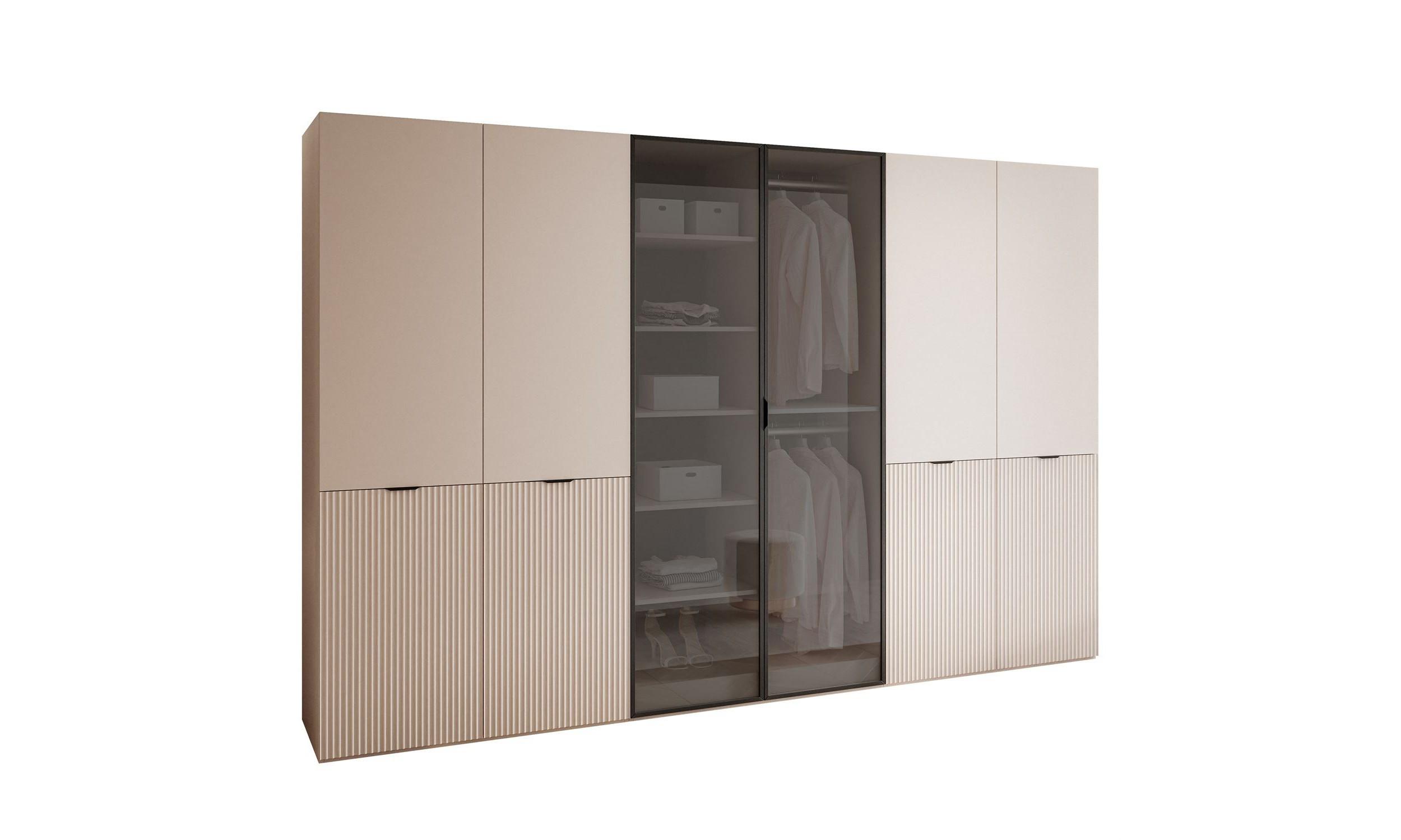 KLEIDERSCHRANK SANDBOX 300 303/49/200 cm Sandbeige / Sandbeige + schwarzes Glas mit LED ohne Zusatzböden - Sandfarben/Schwarz, Holzwerkstoff/Kunststoff (303/200/49cm) - Lookway