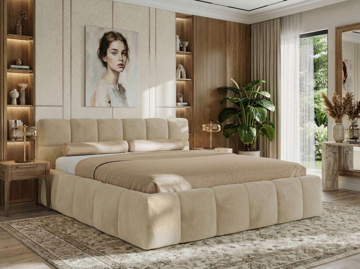 POLSTERBETT NIRA CLASSIC 160/200 - Creme Plüsch - Multipocket-Matratze - Creme, Textil (160/200cm) - MKS