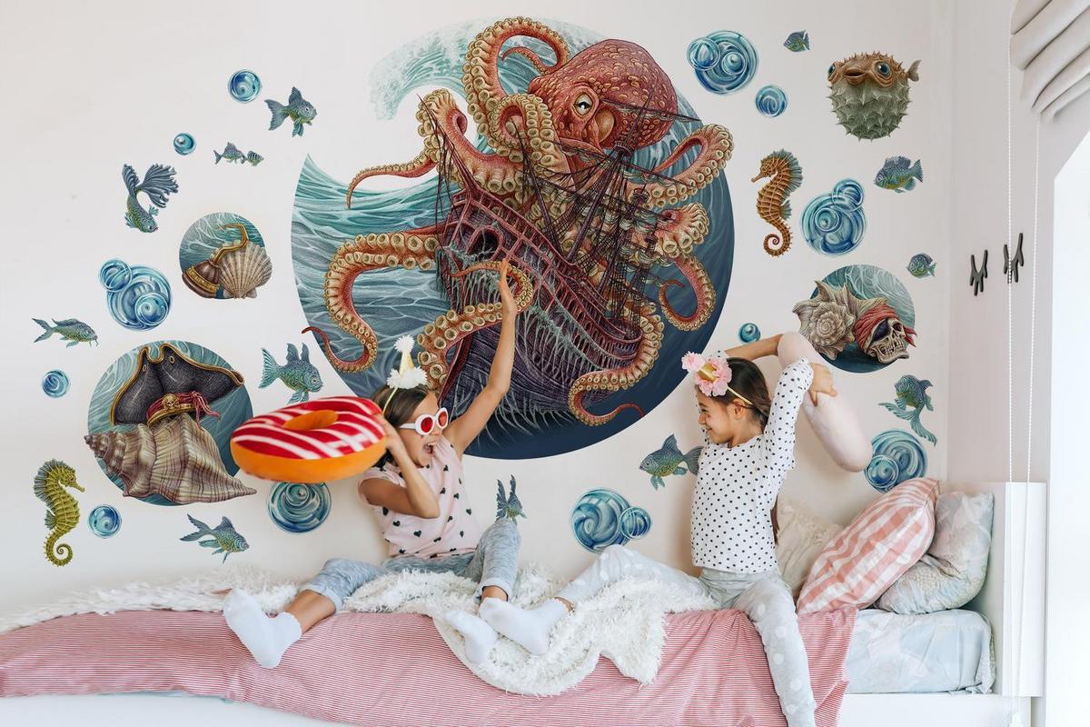 WANDAUFKLEBER 80x96cm - Die Unterwasserwelt des Oktopus - Multicolor, Kunststoff (80/96/0.1cm) - Wallfluent