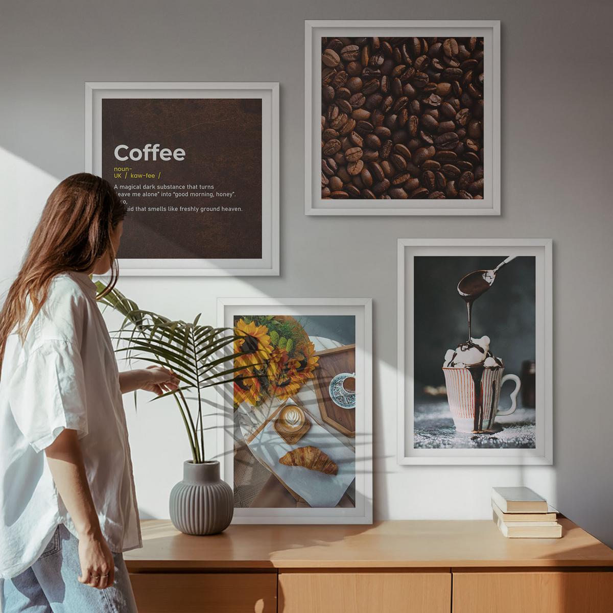 BILDER SET 4er Set - 50x50 cm & 40x60 cm Weißer Rahmen - Italienische Frühstückskaffeebohnen - Weiß, Kunststoff (50/50cm) - TULUP