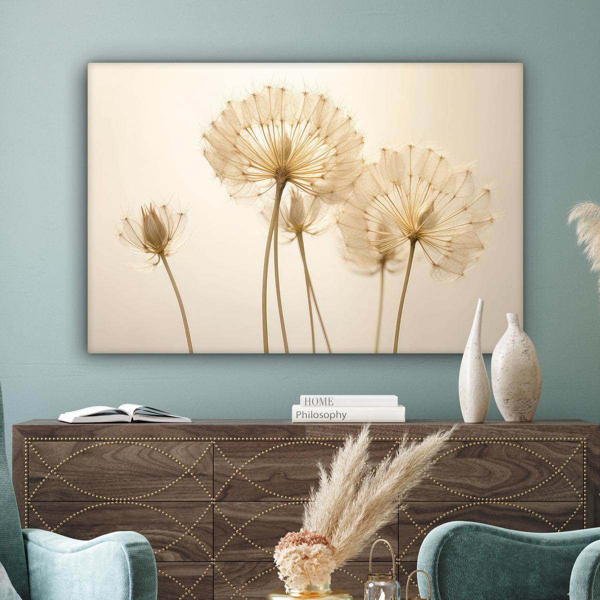 LEINWANDBILD Sonnenlicht - Löwenzahn - Botanisch - Blumen Groß 140x90 cm - Creme, Textil (140/90cm) - MuchoWow