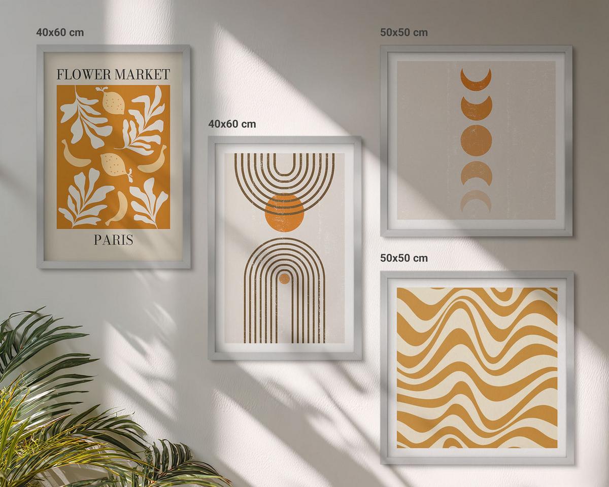 BILDER SET 4er Set - 50x50 cm & 40x60 cm Silberner Rahmen - Geometrische Pflanzenmuster - Silberfarben, Kunststoff (50/50cm) - TULUP