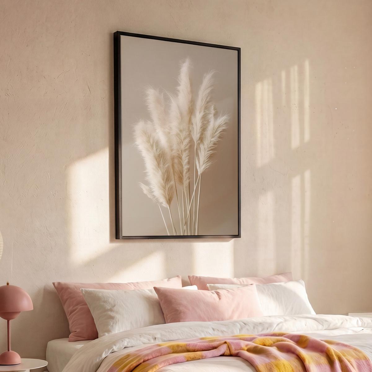LEINWAND Bilder mit Rahmen - Pampasgras - Federn - Pastell - Weiß - 100x150 - Naturfarben, Textil (100/150cm) - MuchoWow