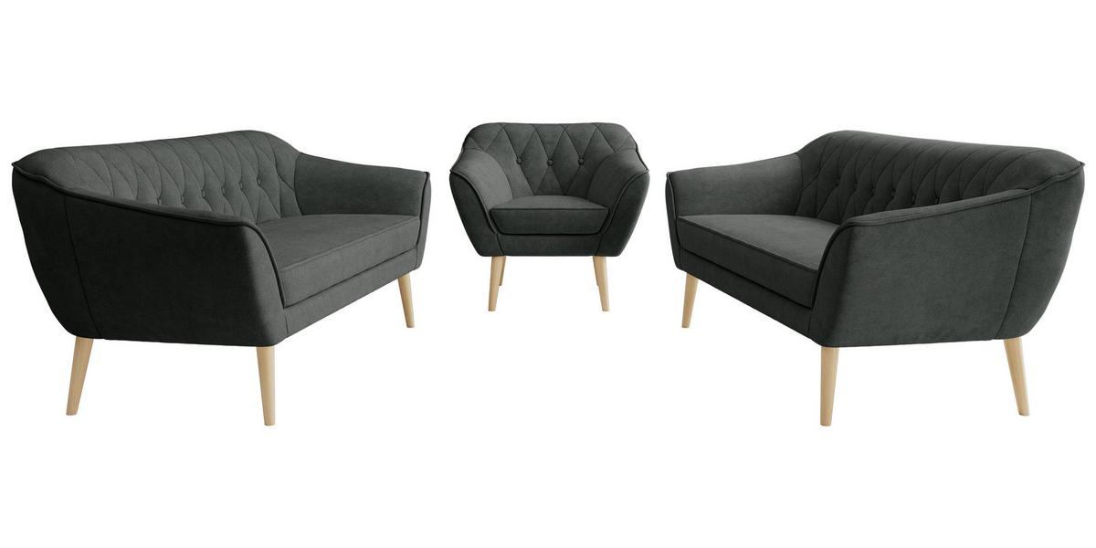 SITZGARNITUR PIRS 3+3+1 - Dunkelgrau Strukture - Holzbeine - Dunkelgrau/Buchefarben, Holzwerkstoff/Textil (180/75/74cm) - MKS