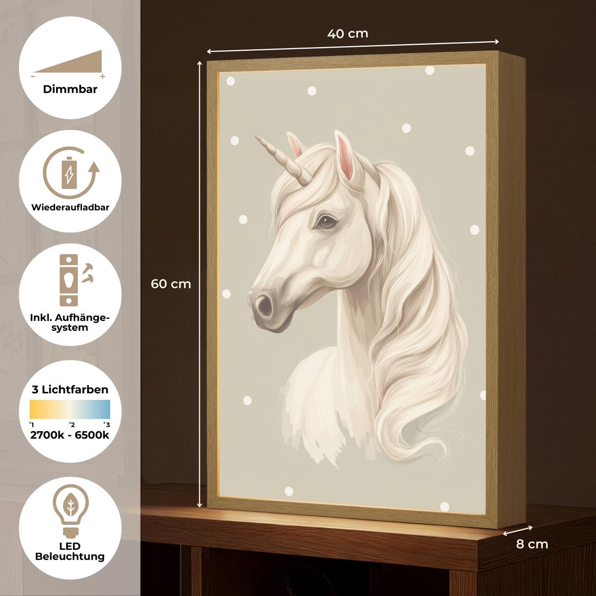 NACHTTISCHLAMPE MIT AKKU Einhorn - Weiß - Punkte 40x60 cm - Taupe, Holzwerkstoff (8/40/60cm) - OnlyWow