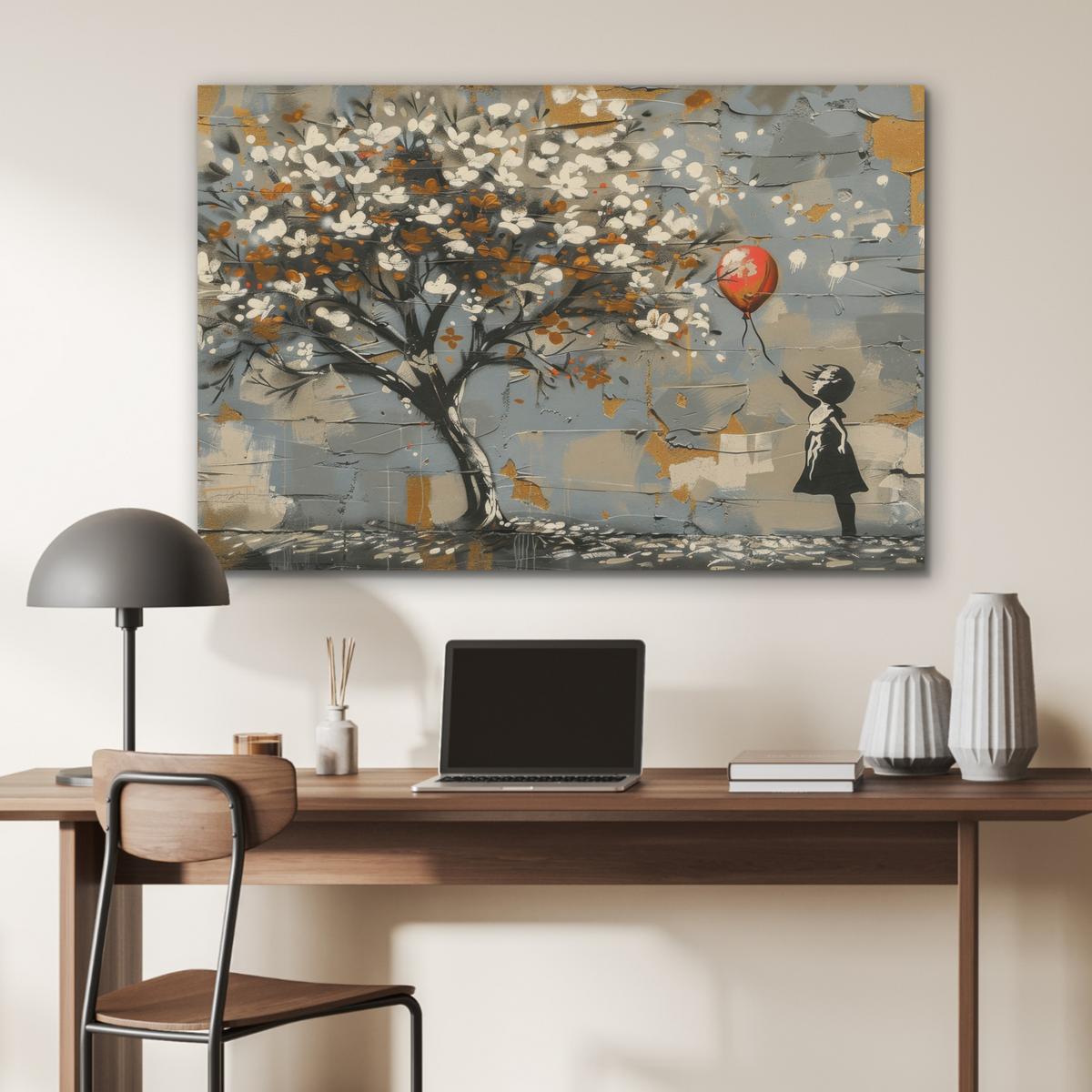 AKUSTIKBILD Baum - Graffiti - Banksy-Stil - Ballon-Mädchen Wandbild Wohnzimmer 100x70 cm - Blaugrau, Kunststoff (100/70/0.9cm) - MuchoWow