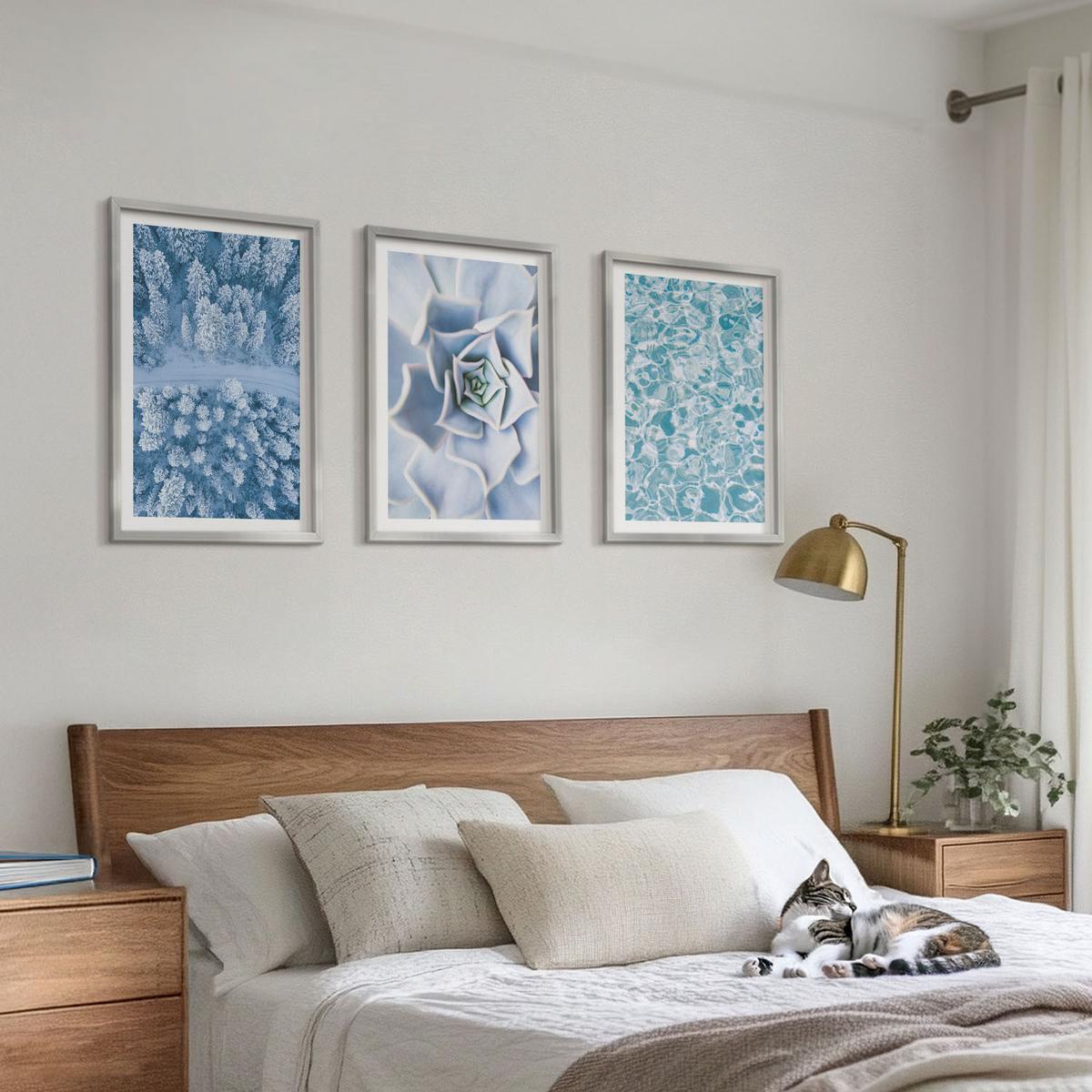 BILDER SET 3er Set - 40x60 cm Silberner Rahmen - Winterwald blaue Blume Wasser - Silberfarben, Kunststoff (40/60cm) - TULUP