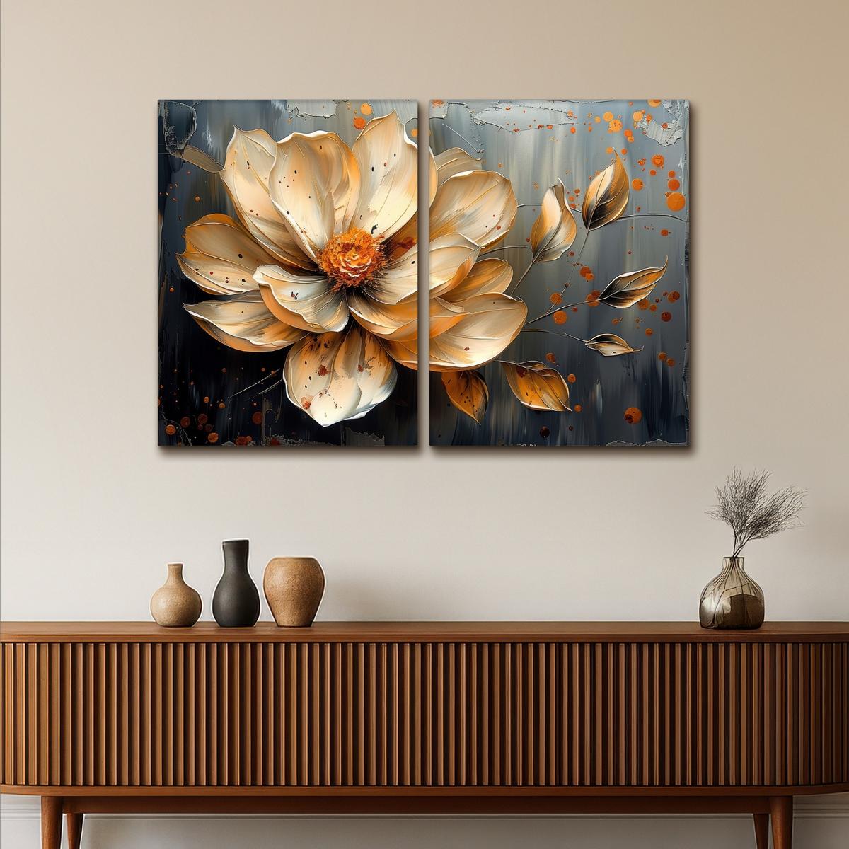 LEINWANDBILD 2er Set Blume - Gold - Abstrakt - Farbe 100x70 cm - Creme, Textil (100/70cm) - MuchoWow