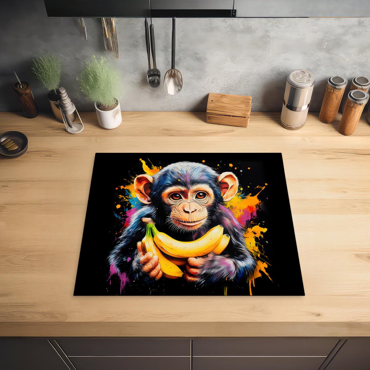 HERDABDECKPLATTE Affe - Graffiti - Farbenfroh - Bananen - Modern Ceranfeldabdeckung 59x52 cm - Gelb, Kunststoff (59/52/0.2cm) - MuchoWow