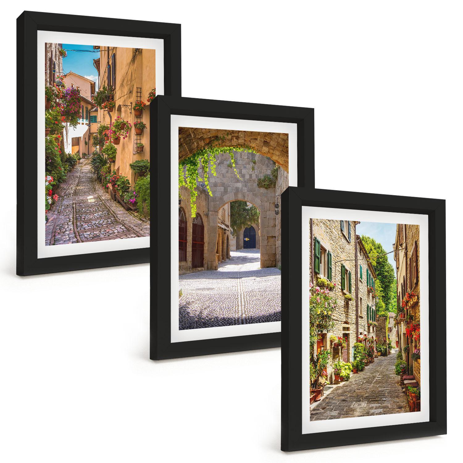 BILDER SET 3er Set - 20x30 cm Schwarzer Rahmen - Italienische Straßen, Blumen, Architektur - Schwarz, Kunststoff (20/30cm) - TULUP