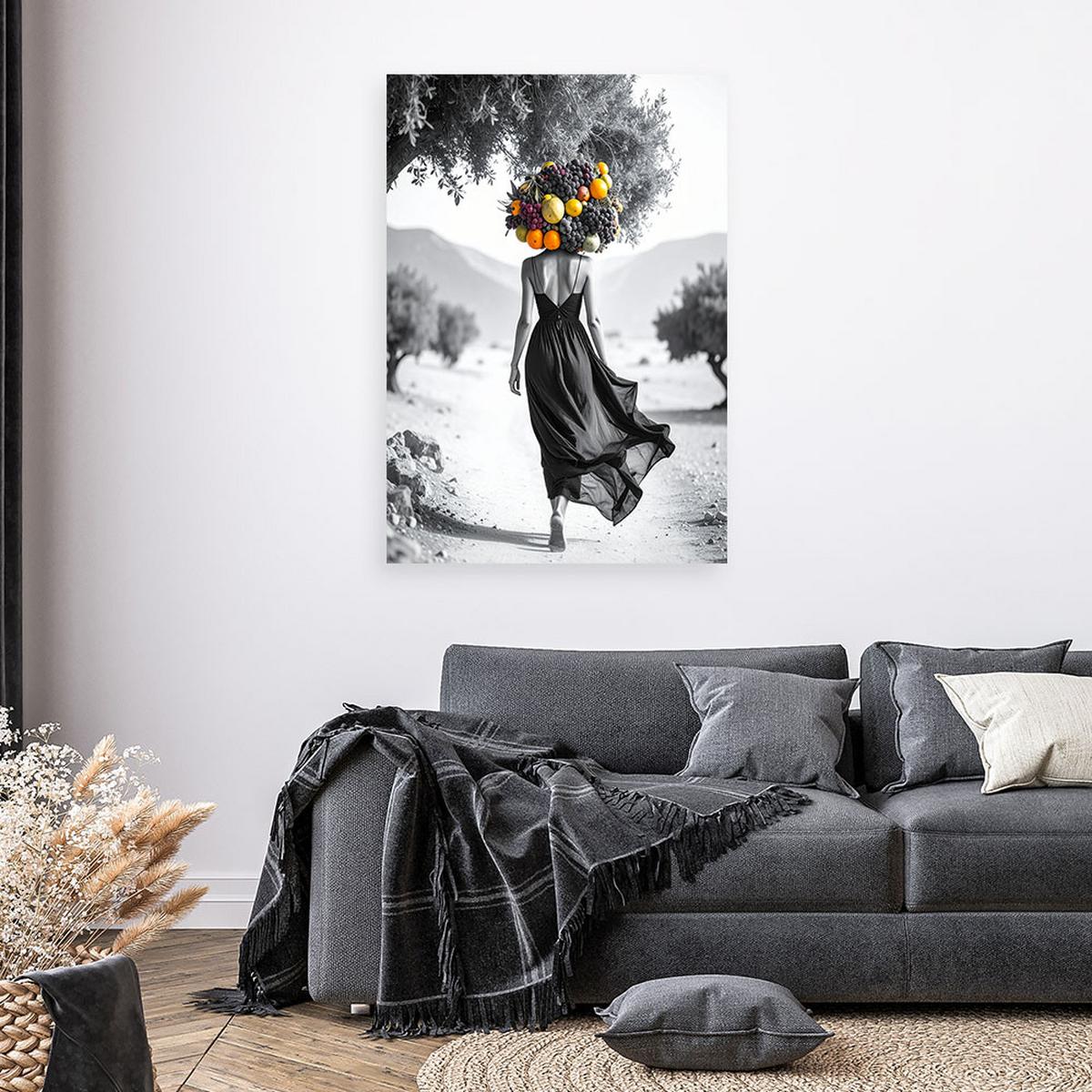 LEINWANDBILD Frau mit Früchten auf dem Kopf 70x100cm - Schwarz, Textil (70/100cm) - Feeby