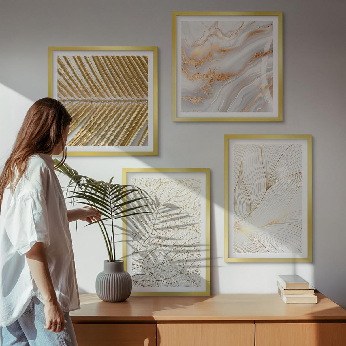 BILDER SET 4er Set - 50x50 cm & 40x60 cm Goldrahmen - Blattmuster Marmor abstrakt - Goldfarben, Kunststoff (50/50cm) - TULUP