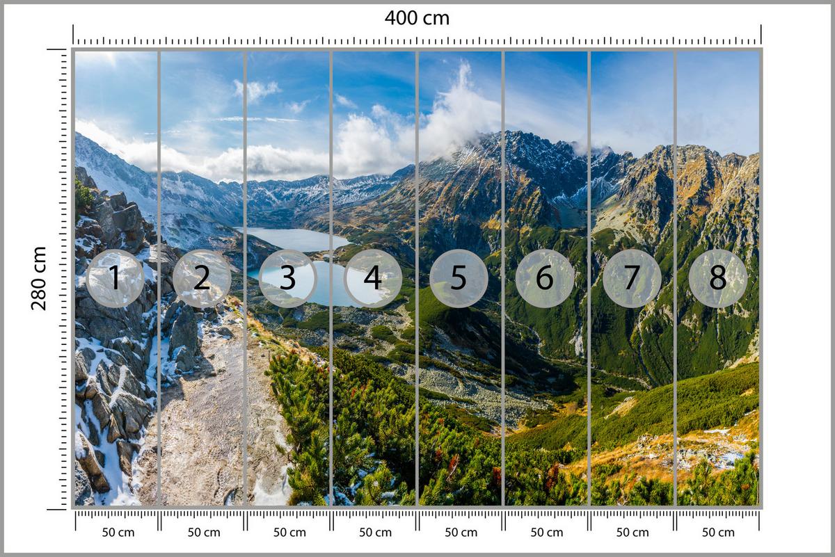 FOTOTAPETE für Wohnzimmer Tal der Fünf Polnischen Seen Gebirge 400x280 - Blau/Gelb, Papier (400/280cm) - Muralo