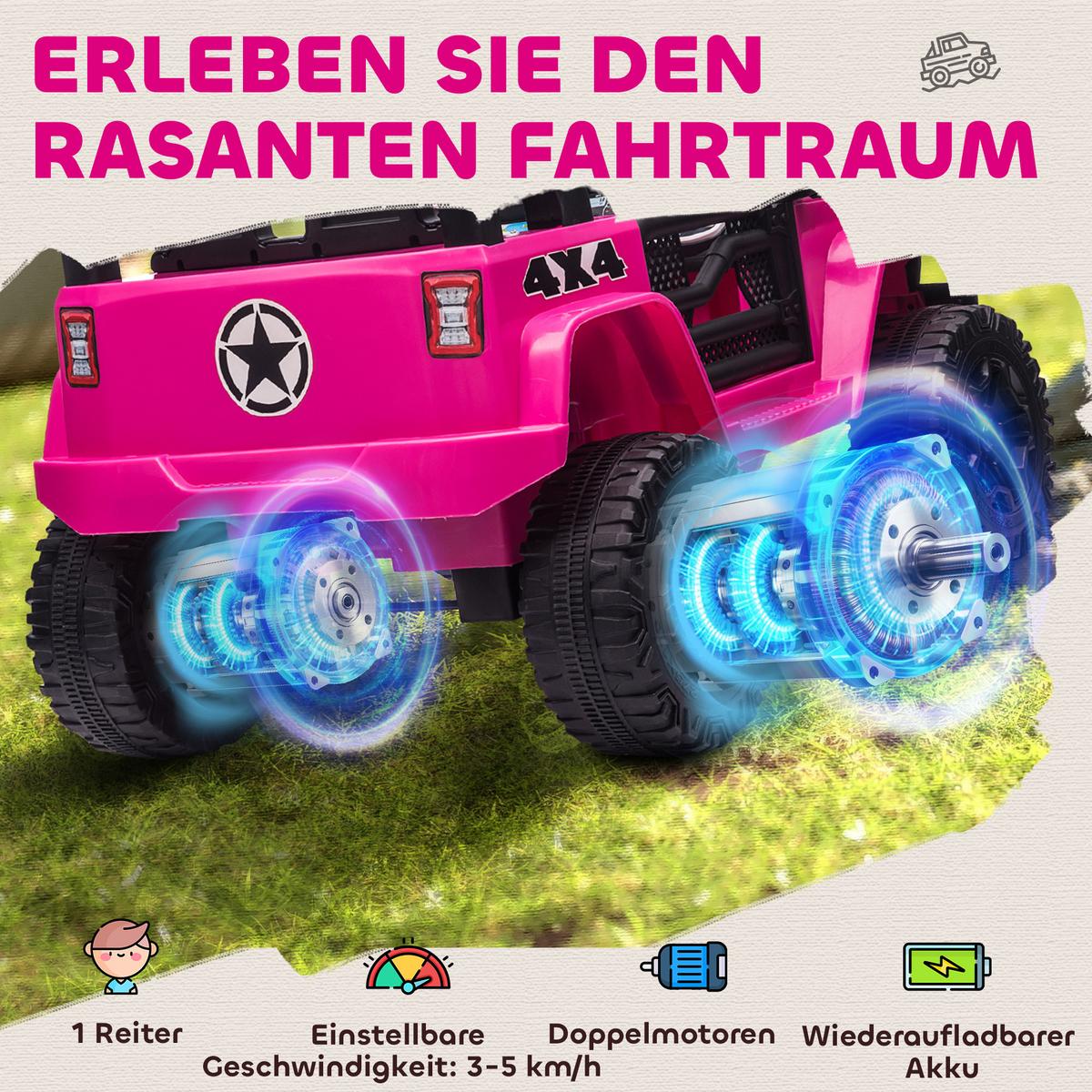 KINDER-ELEKTROAUTO aus Kunststoff Metall Rosa - Rosa, Kunststoff (100/65/72cm) - HOMCOM