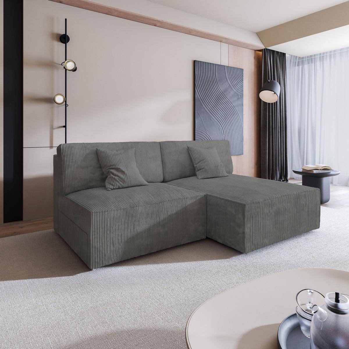 ECKSOFA FIORO P Grau Kordstoff mit Schlaffunktion - Grau, Holz/Kunststoff (204/148cm) - MASSENO