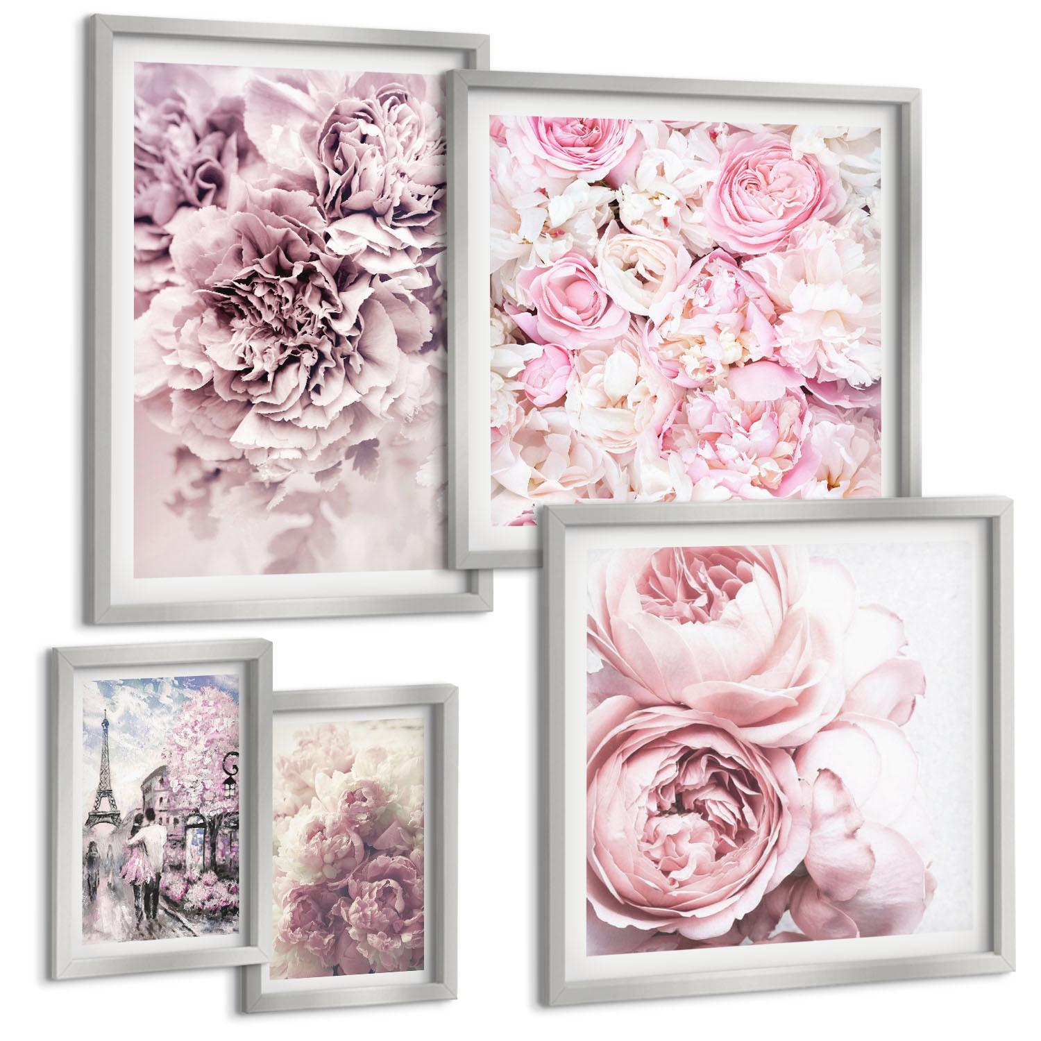BILDER SET 5er Set - 50x50 cm & 20x30 cm & 40x60 cm Silberner Rahmen - Rosa Blumen, romantische Landschaft - Silberfarben, Kunststoff (40/60cm) - TULUP