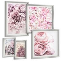 BILDER SET 5er Set - 50x50 cm & 20x30 cm & 40x60 cm Silberner Rahmen - Rosa Blumen, romantische Landschaft - Silberfarben, Kunststoff (40/60cm) - TULUP